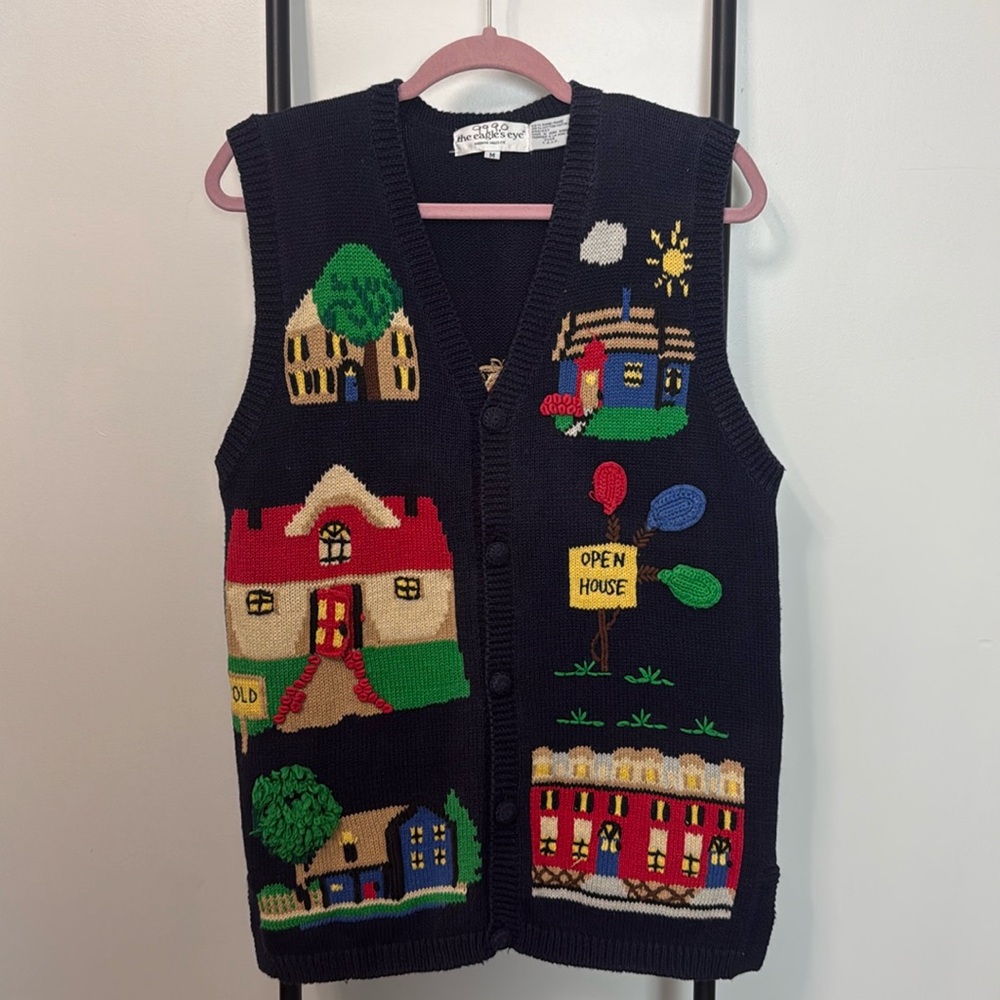Vintage 90s The Eagles Eye Town Realtor Sweater Vest Women Size M Y2K Knit